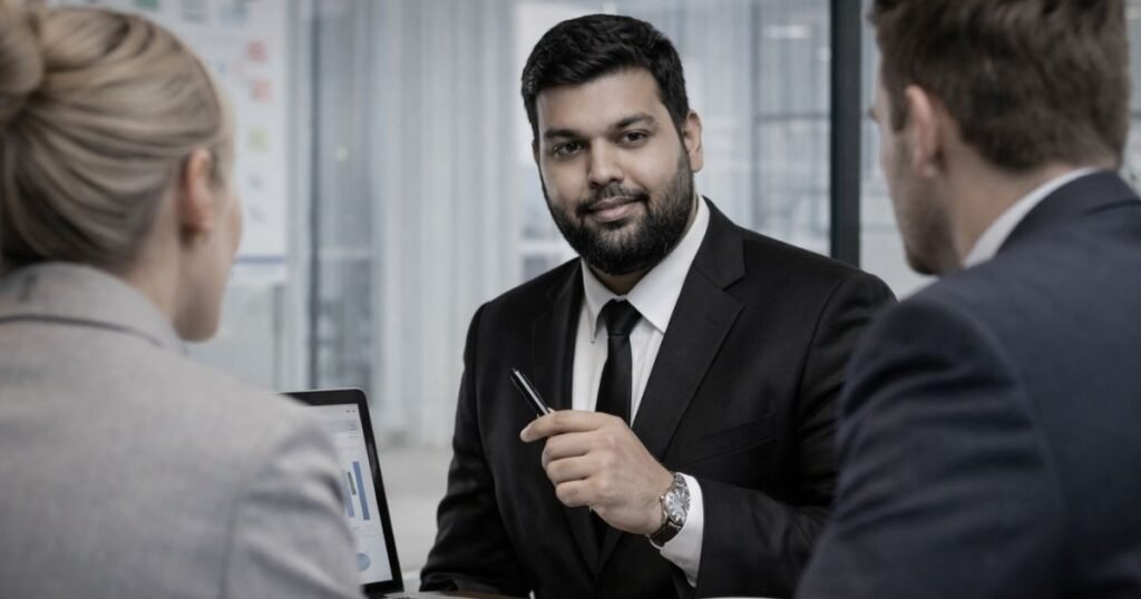 Business meeting: man in a black suit gestures with a pen while colleagues listen, laptop open nearby.
