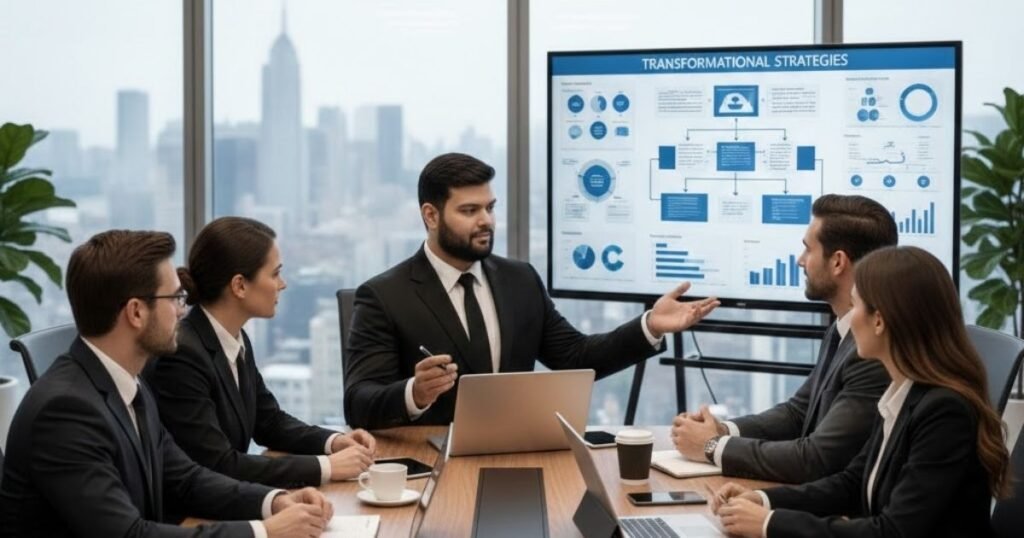 Business meeting with five professionals in suits around a conference table, presenting a data-rich slide deck on a large monitor.